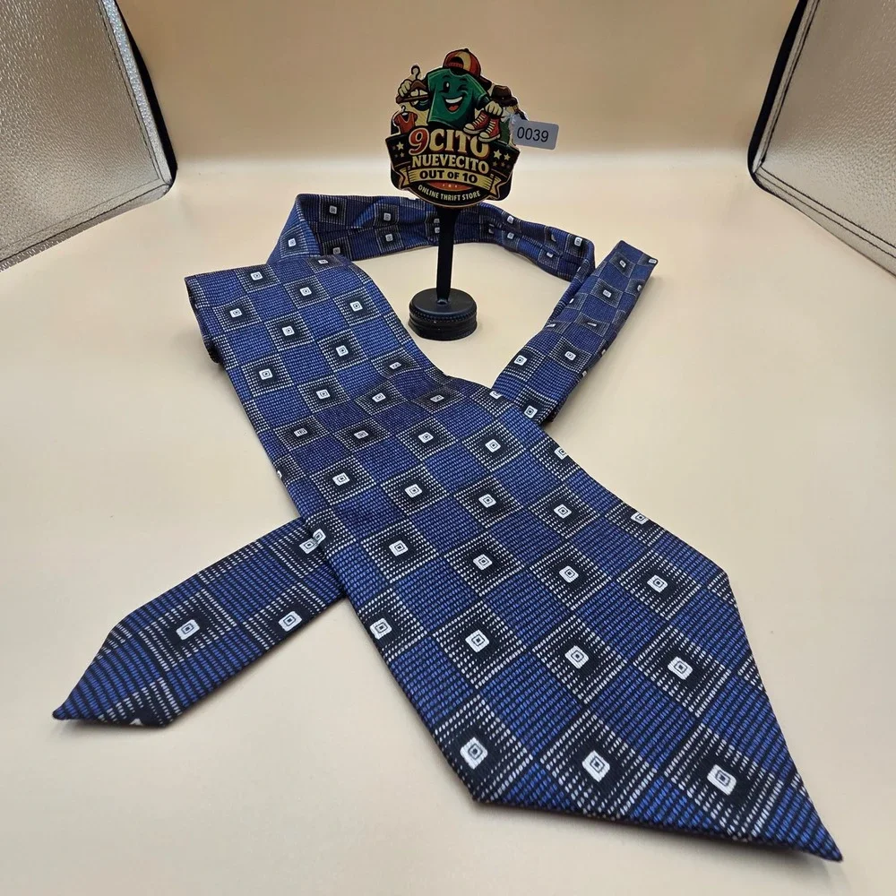 Paco Rabanne Mens Silk Necktie Blue Black Geometric Square Pattern Made in USA